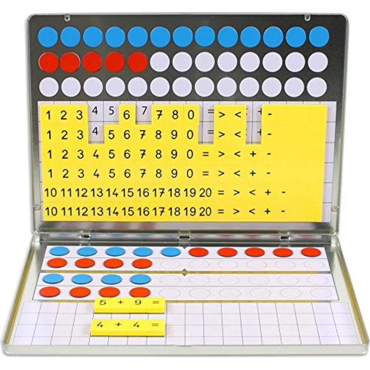 Betzold Lernspielzeug 1, 2, 3 ... Zahlenzauberei, Rechenmagnetbox aus robustem Stahlblech, mit 39 magnetischen Wendeplättchen und 92 Zahlen- und Rechenzeichen, kompakt und transportabel – Bild 3