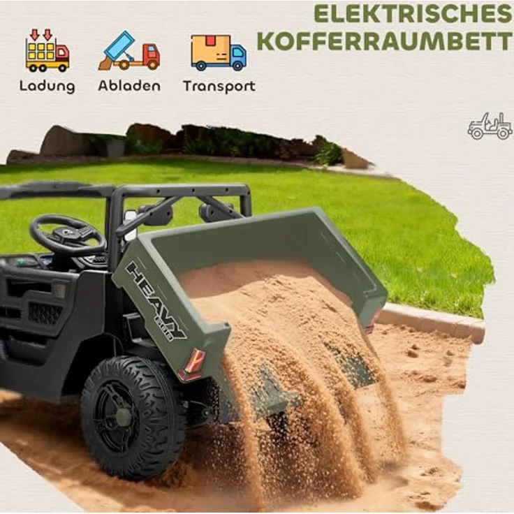 AIYAPLAY Kinder Elektroauto UTV 12V, 2 Motoren, 2,4 GHz Fernbedienung, Softstart, Federungssystem, Musik & USB-Anschluss, für 3-8 Jahre, Grün – Bild 4