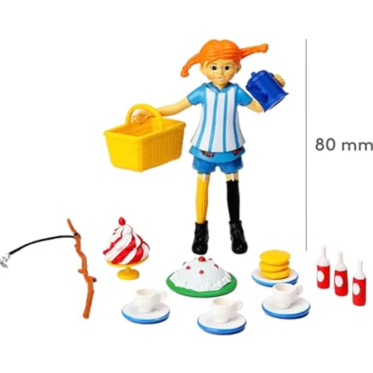 Micki Figurka Pippi, Sammelfigur mit blau-weißer Schürze und Zubehörset für Teestunde in Pippis Garten – Bild 4