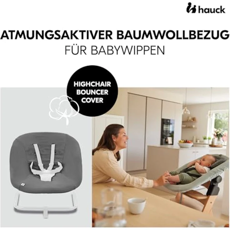 hauck Schonbezug für Babywippe Highchair Bouncer (Eco), Baumwolle mit Gummizug und Gurtschlitze für 5-Punkt-Gurt, waschbar bei 60°C, Dunkelgrau – Bild 2