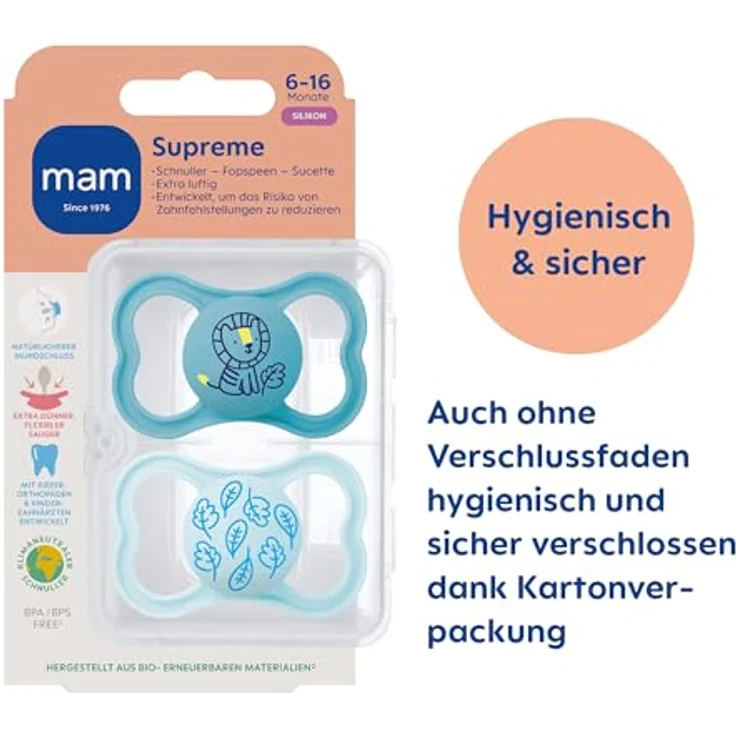 MAM Supreme Night Schnuller im 2er-Set, leuchtender Babyschnuller für gesunde Zahn- und Kieferentwicklung, 6-16 Monate, Bär/Nilpferd – Bild 2