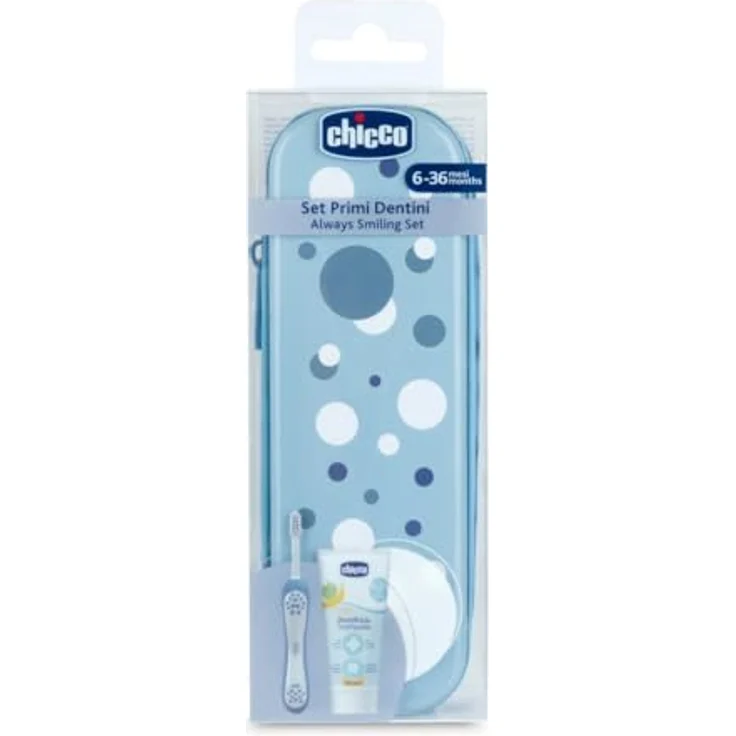 Chicco Baby Zahnbürste und Zahnpasta Set, inklusive Apfel-Bananen-Zahnpasta, ergonomische Zahnbürste für erste Milchzähne, Reiseset, 6-36 Monate, hellblau – Bild 3