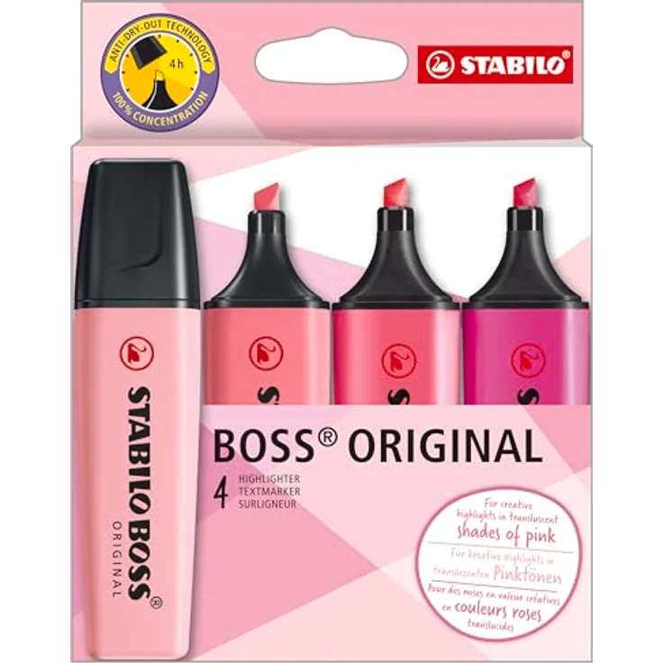 STABILO BOSS ORIGINAL Textmarker, Shades of Pink, 4er Pack mit Anti-Dry-Out Technologie und 2 Strichstärken – Bild 1