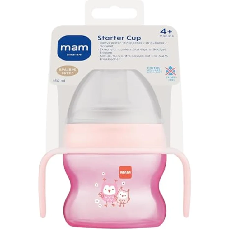 MAM Starter Cup Baby Trinklernbecher (150 ml), Trinkbecher für erste Trinkversuche, Schnabelbecher mit rutschsicheren Griffen, ab 4 Monaten, Eule – Bild 3