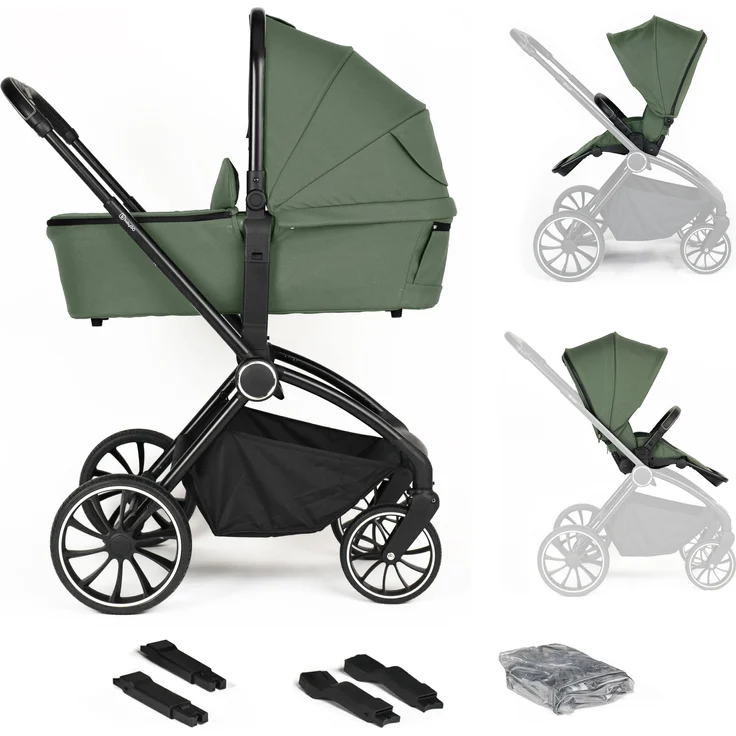 BabyGo 2in1 Kombikinderwagen Harmony, grün, mit verstellbarem Griff, geräumigem Einkaufskorb und Babywanne für Neugeborene