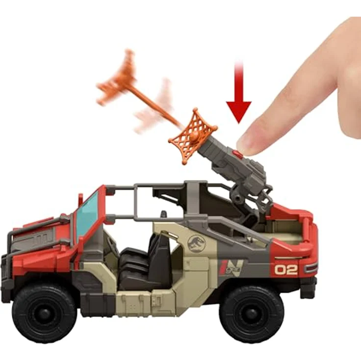 MATTEL JURASSIC WORLD Launch 'N Battle-Fahrzeug mit Velociraptor- und Martin Krebs-Figuren, 27 cm, inklusive DNA-Proben-Pfeil und Netzprojektil – Bild 5