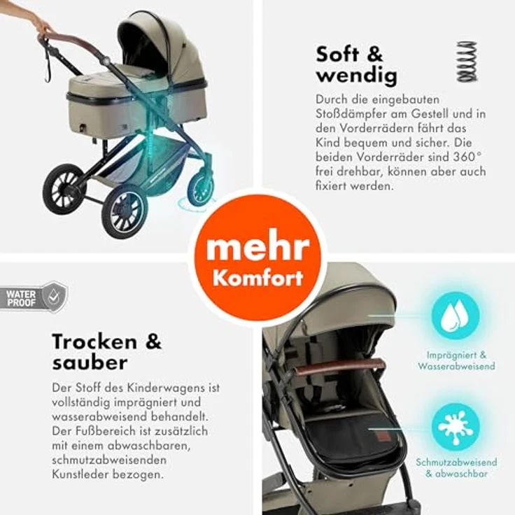 Daliya FLEXI-PRO M 2in1 Kombikinderwagen, klappbar, höhenverstellbar, mit Liegefunktion und großem Einkaufskorb, Beige – Bild 5