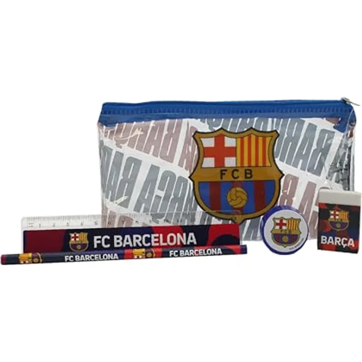 FC Barcelona Federmäppchen, Etui mit Schulmaterial inklusive Lineal, Radiergummi, Spitzer und Bleistift, blau-gelb – Bild 4