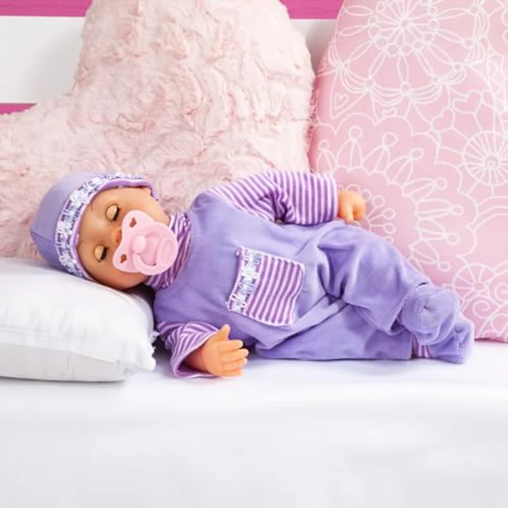 Bayer Babypuppe First Words Baby, 38 cm, lila, mit Schlafaugen und 24 Babygeräuschen, 3-tlg. Set mit Flasche und Schnuller – Bild 3