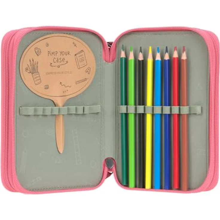 LÄSSIG Unique School Triple Pencil Case Slim Pink, Federmäppchen mit tollem Design und umfangreichem Set an Stiften – Bild 4