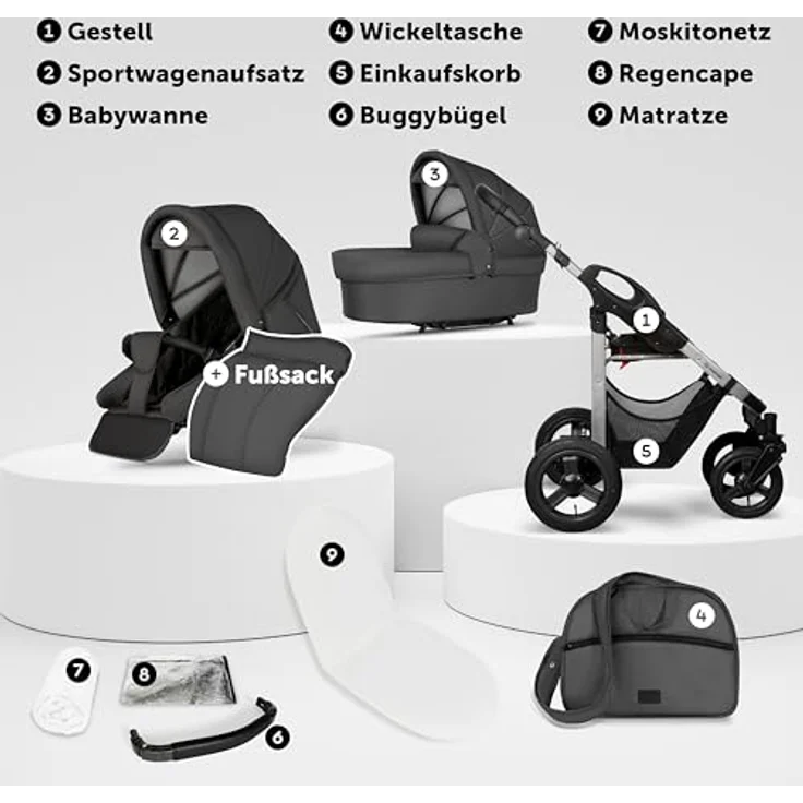 Bergsteiger Capri Kombikinderwagen 2-in-1, Babywanne & Sportsitz, Luftreifen, Federung, höhenverstellbarer Griff, faltbar, Zubehör – Bild 3
