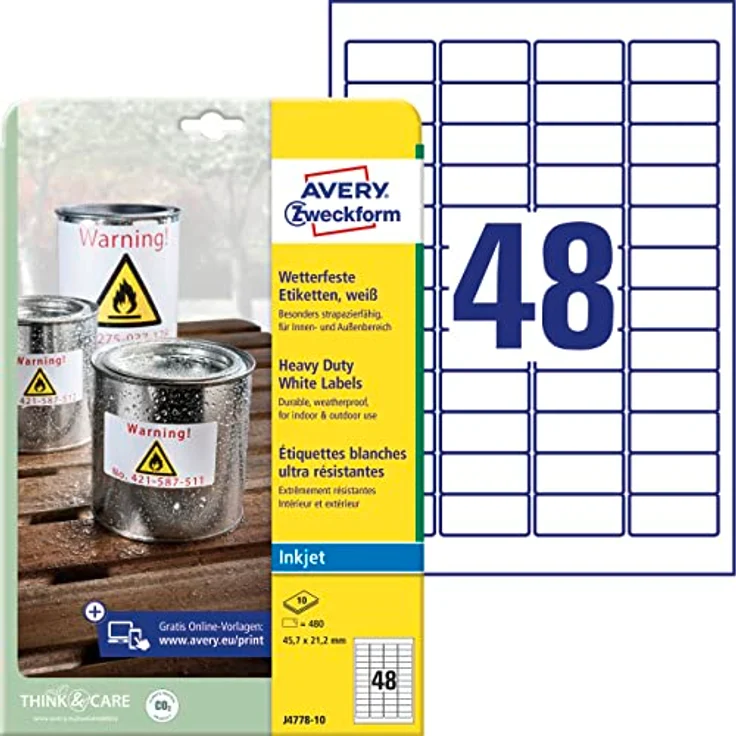 AVERY Zweckform J4778-10 Wetterfeste Folienetiketten Inkjet (480 Aufkleber, 45,7x21,2mm auf A4, extrem stark selbstklebend, wasserfest, strapazierfähig, bedruckbare Outdoor Klebefolie) 10 Blatt, weiß – Bild 1