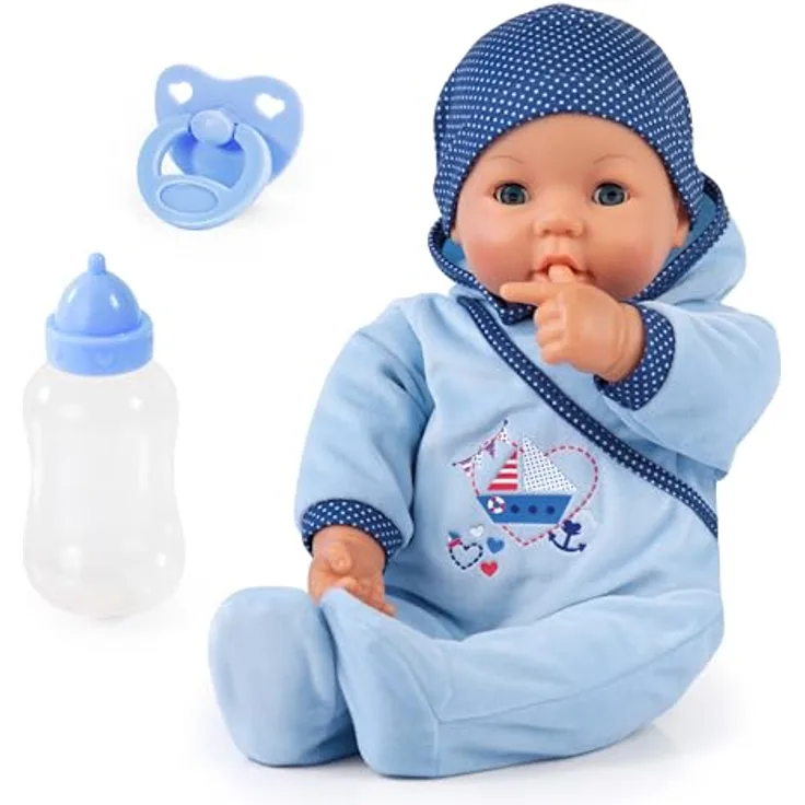 Bayer Babypuppe Hello Baby Boy, 46 cm Funktionspuppe mit schmatzenden Geräuschen und Augenbewegung