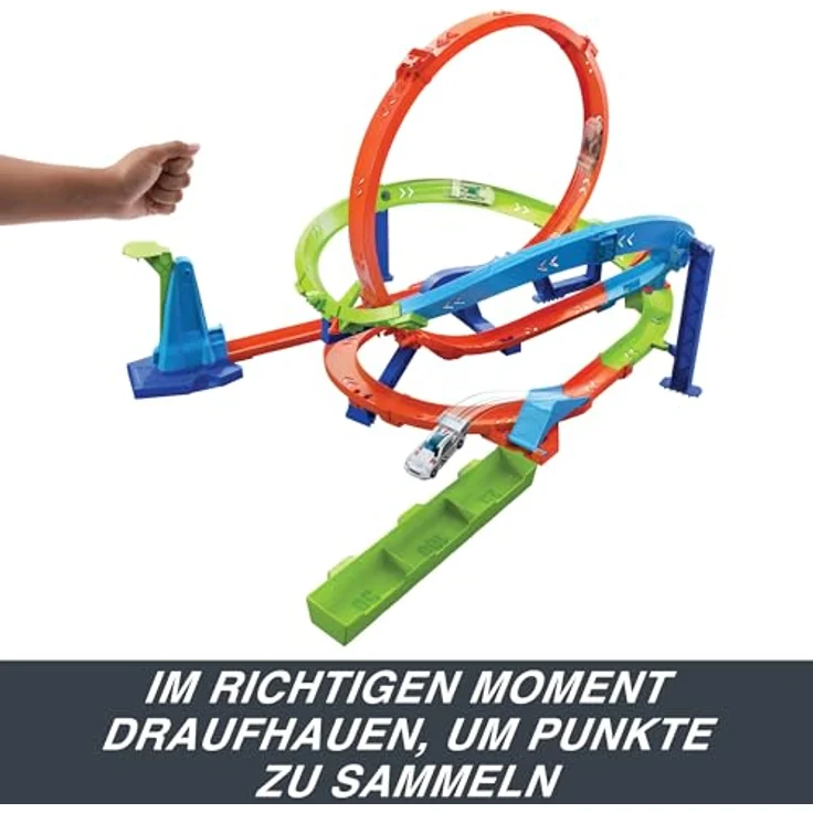 Hot Wheels Looping-Zyklon-Challenge, Action-Trackset mit 2 Spielmöglichkeiten, Bumerang-Loopings und Fahrzeug im Maßstab 1:64, mit Tragegriff, ab 4 Jahren, HXM94 – Bild 4