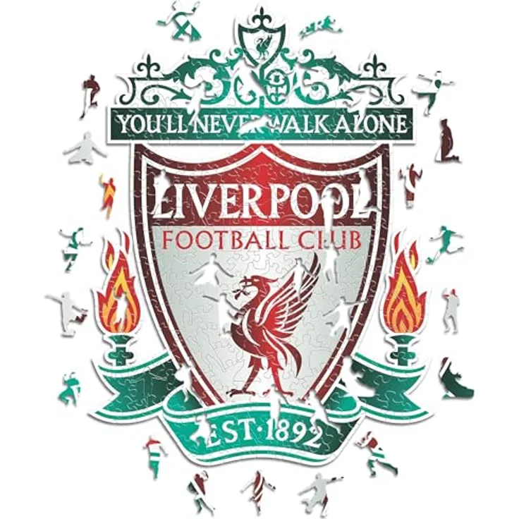 Iconic Puzzles Liverpool Crest Holzpuzzle, Größe M, 270 Teile, bunte Elemente des Fußballs und berühmter Spielerpose 🌈♻️💯