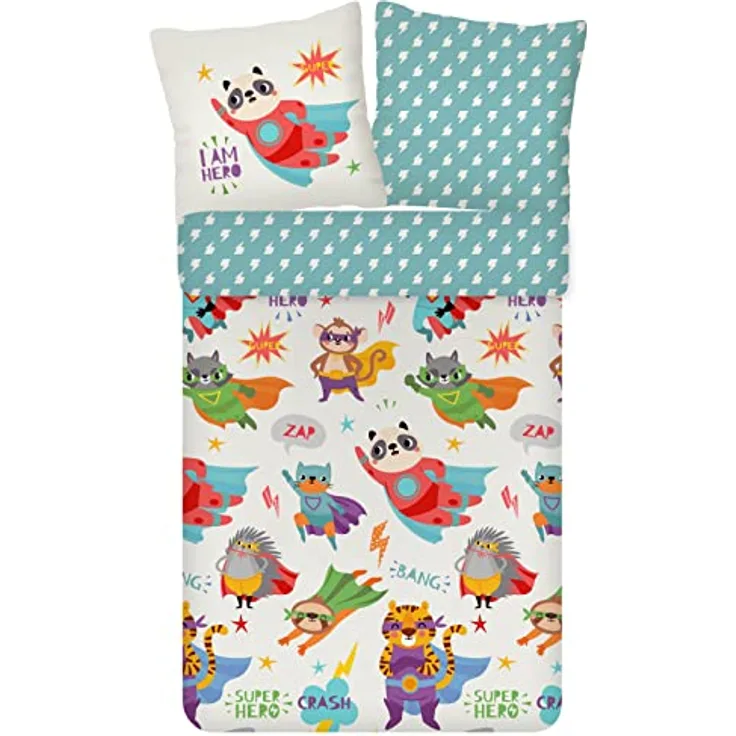 ESPiCO Bettwäsche Trendy Bedding Superheld Comic Tiere, 100% Baumwolle Renforcé, Größe: 135 cm x 200 cm, blau