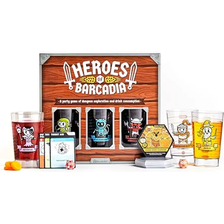 Magni Heroes of Barcadia, Brettspiel für 2 bis 6 Spieler, basierend auf Plättchen mit interaktivem Getränkekonzept