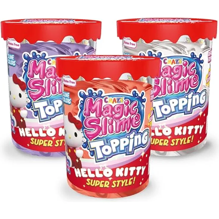 CRAZE Magic Slime Topping Hello Kitty, 3er Set mit 3 x 70 ml Schleim in Lila, Rot & Gold, inkl. Glitter & Toppings, sicher & rückstandsfrei
