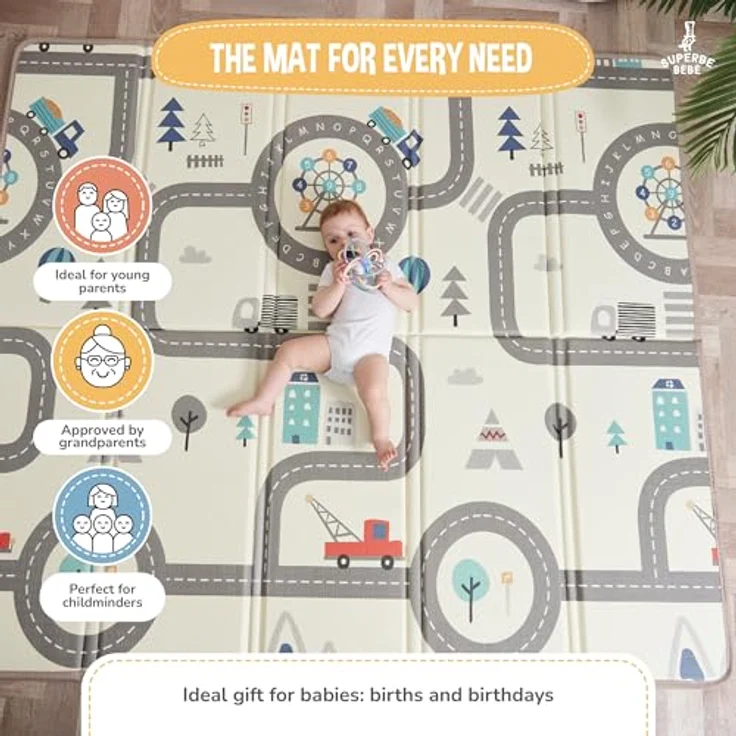 SUPERBE BEBE Krabbelmatte Faltbar 150x180x1cm, Ökologisch, Rutschfest, Umkehrbar mit Buchstaben und Zahlen, Wasserdicht – Spielmatte für Baby und Kleinkinder, ideal für drinnen und draußen – Bild 3