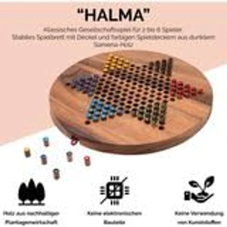Logoplay Halma Gr. XL - Gesellschaftsspiel für 2-6 Spieler, handgefertigtes Holzbrett Ø 31 cm, inklusive 6x15 Spielstecker und Stoffbeutel aus 100% Baumwolle – Bild 6