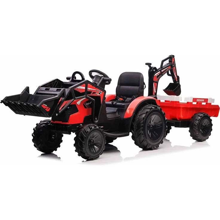 Beneo Elektrotraktor TOP-WORKER 12V, rot, mit Schaufeln und Anhänger, Hinterradantrieb, MP3-Player mit USB-Anschluss, weicher Polyurethan-Sitz, 2 x 45W Motor, EVA-Räder