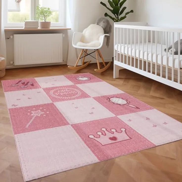 SIMPEX KinderTeppich, Prinzessin-Design, Rosa, 120 x 170 cm, rutschfest, OEKO-TEX zertifiziert, ideal für Mädchenzimmer