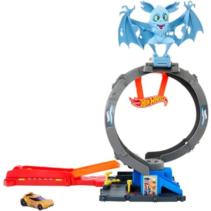 Hot Wheels City Nemesis Bat vs Tire Shop, Rennbahn-Set mit Looping und 1:64 Fahrzeug, erweiterbar