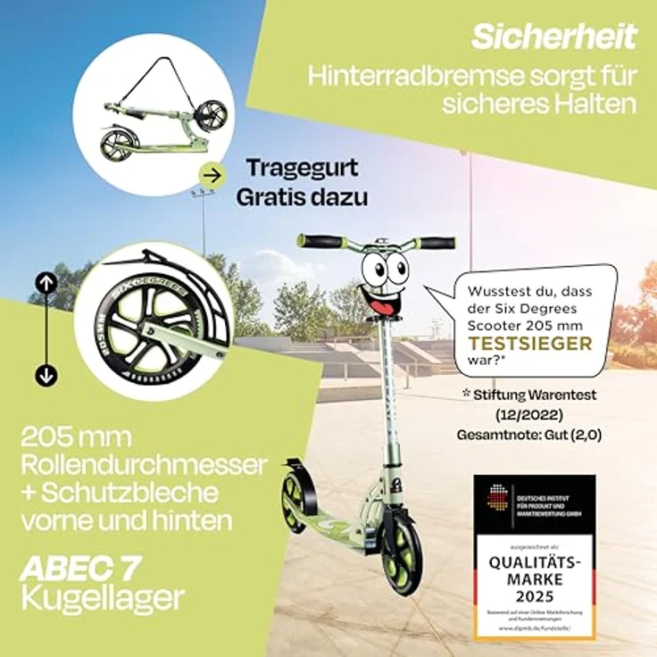 Globber SIX DEGREES Aluminium Scooter 205 mm lime dream, Klappmechanismus, Ständer, ABEC 7 Kugellager, 5-fach höhenverstellbar – Bild 2