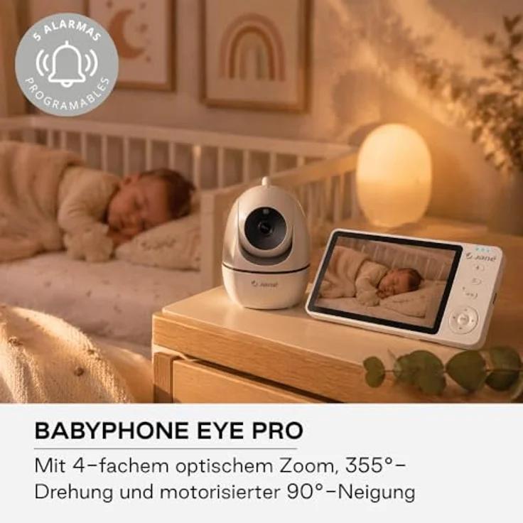 Jané Eye Pro Baby-Monitor, Babyphone mit rotierender Kamera, 5 Zoll Farbdisplay, motorisierte Neigungsverstellung, weiß – Bild 2