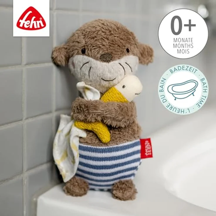 Fehn Badetier Otter – Schwimmendes Stoff-Badewannenspielzeug für fröhlichen Badespaß, 17 cm, Plüsch, Strick, Musselin, blau – Bild 3