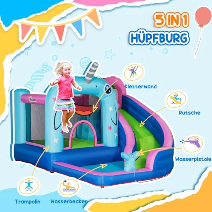 Outsunny Aufblasbare Hüpfburg mit Gebläse, Wasserspielcenter mit Rutsche und Sicherheitsnetz, für Kinder 3-8 Jahre, 330 x 280 x 200 cm – Bild 3