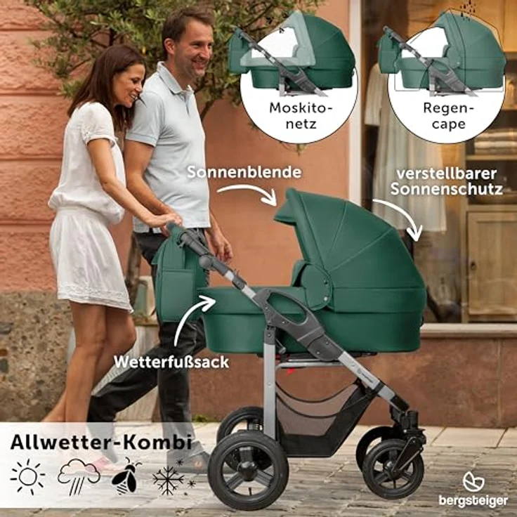 Bergsteiger Capri 4-in-1 Kombikinderwagen – Babywanne, Sportsitz, i-Size Babyschale, Isofix-Station, Luftreifen, höhenverstellbar, faltbar, mit Zubehör – Bild 4