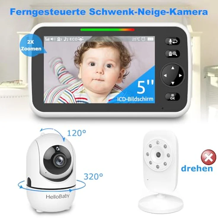 HelloBaby Video-Babyphone HB65, 5 Zoll geteilter Bildschirm, kabelgebundene Kamera, Pan-Tilt-Zoom, Nachtsicht, 2-Wege-Audio, 8 Schlaflieder, 3500 mAh – Bild 4