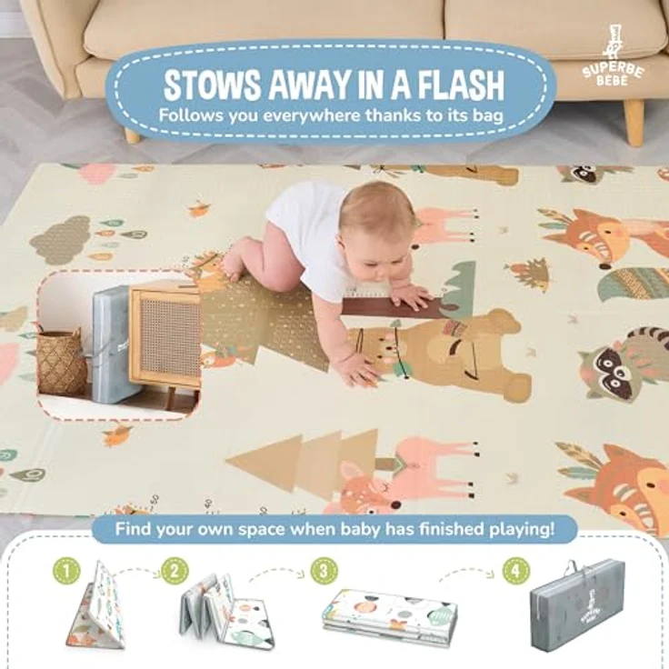 SUPERBE BEBE Krabbelmatte Faltbar, Spielmatte 120x180x1cm, Ökologisch & Schadstofffrei, Wasserfest, Antirutsch, Umkehrbar, Pädagogisch, Multifunktional – Bild 3