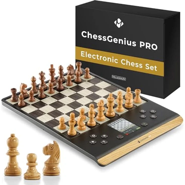 Millennium Chess Genius Pro 2024, Schachcomputer mit Holzoptik, 2200 ELO, Farbdisplay, Drucksensorbrett, magnetische Echtholzfiguren – Bild 1