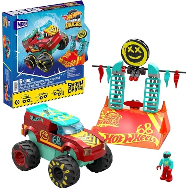 Mega Mega Monster Trucks Demo Derby Extreme-Stunt Set, inklusive zusammenbaubarem Monster Truck, Rampe, Hindernis und Mikro-Actionfigur – Bild 1