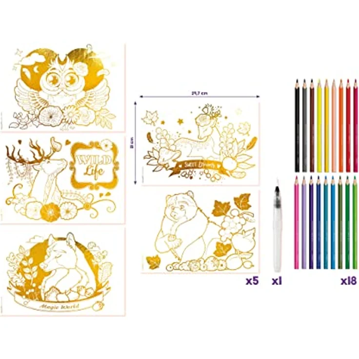Maped CREATIV Aqua'Art Maxi-Set Waldtiere, Ausmal-Set mit 18 Aquarell-Stiften und 5 Metallic-Vorlagen – Bild 4