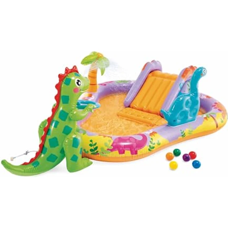 Intex Dino Park Wasserspielzentrum, aufblasbarer Dinosaurier mit Rutsche und Wassersprüher, 201 x 157 x 69 cm, für Kinder ab 2 Jahren, max. 54 kg, inkl. 6 Bälle – Bild 2