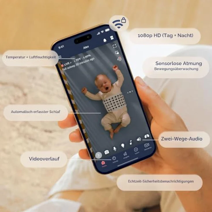 Nanit Pro Kamera Babyphone Komplettset, Bodenständer, Atemüberwachungsband, 130° HD-Kamera, Zwei-Wege-Audio, 12 Monate Insights – Bild 2
