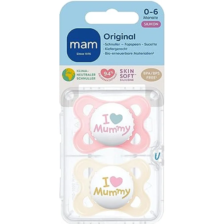 MAM Original Schnuller im 2er-Set, zahnfreundlicher Baby Schnuller aus nachhaltigen & bio-erneuerbaren Materialien, Sauger aus MAM SkinSoft Silikon, mit Schnullerbox, 0-6 Monate, rosa/hellbeige – Bild 2