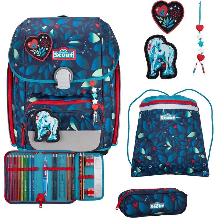 Scout Schulranzen Genius Exklusiv LED, 4tlg. Set in White Unicorn mit ergonomischem Design und 19.000 ml Volumen