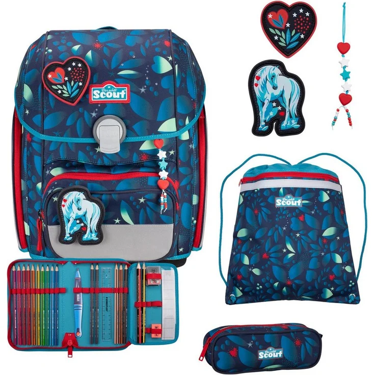 Scout Schulranzen Genius Exklusiv LED, 4tlg. Set in White Unicorn mit ergonomischem Design und 19.000 ml Volumen