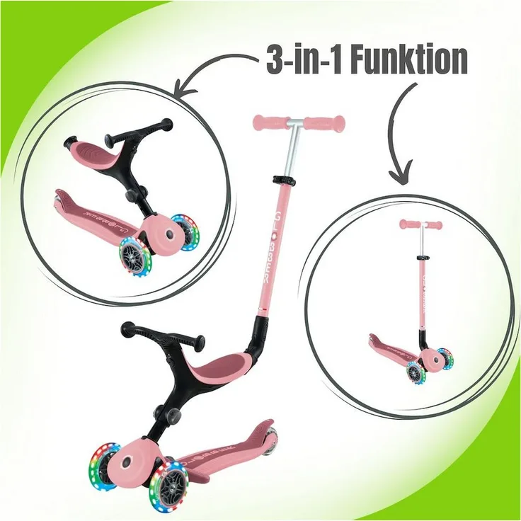 authentic sports & toys Globber Go-Up Active Lights 3-in-1 Kinderfahrzeug/Dreirad/Laufrad/Scooter, LED-Leuchtrollen, Aluminium Lenk- und Schubstange, 4-fach höhenverstellbar, 2-farbiges Design (blau/rot)