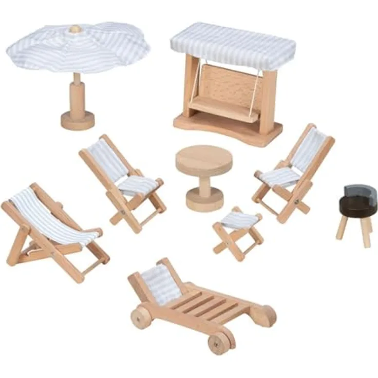 goki Puppenhausmöbel Puppengartenmöbel Weiß, 9-teiliges Set mit Grill, Liegestühlen und Sonnenschirm
