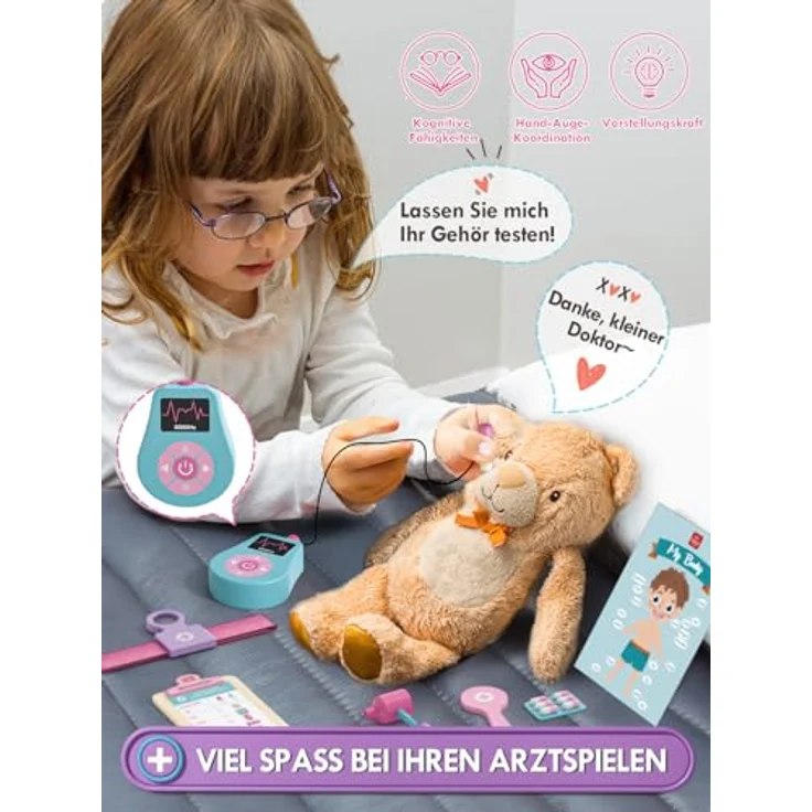 Lehoo Castle Arztkoffer Kinder, 23-teiliges Spielzeugset mit Arztkittel und Medizingeräten, rosa, für Mädchen ab 3 Jahren – Bild 5