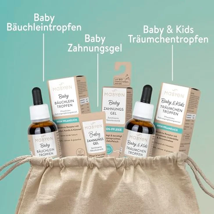 MABYEN Baby Wohlfühl Set, Zahnungsgel, Bäuchleintropfen und Träumchentropfen, vegan und alkoholfrei, inklusive ÖKO-TEX zertifiziertem Beutel – Bild 2