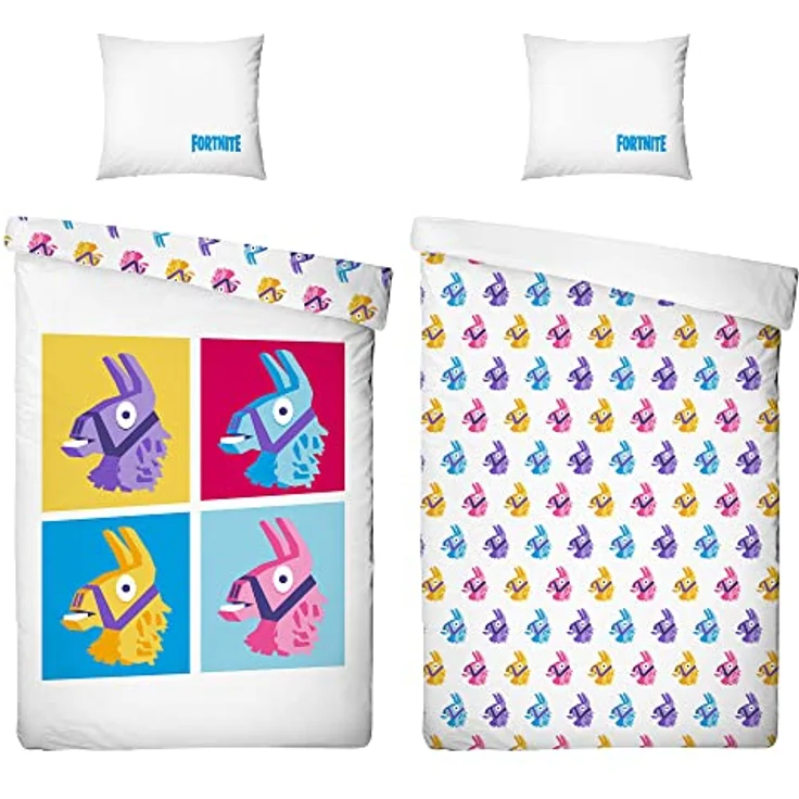 BERONAGE Fortnite Wende-Bettwäsche Lama 135 x 200 cm + 80 x 80 cm 100% Baumwolle Renforcé-Linon-Qualität Kinderbettwäsche Battle Royale Loot Lake Salty Springs Tilted Towers Skins 2 Motive Reißverschluss, bunt – Bild 1