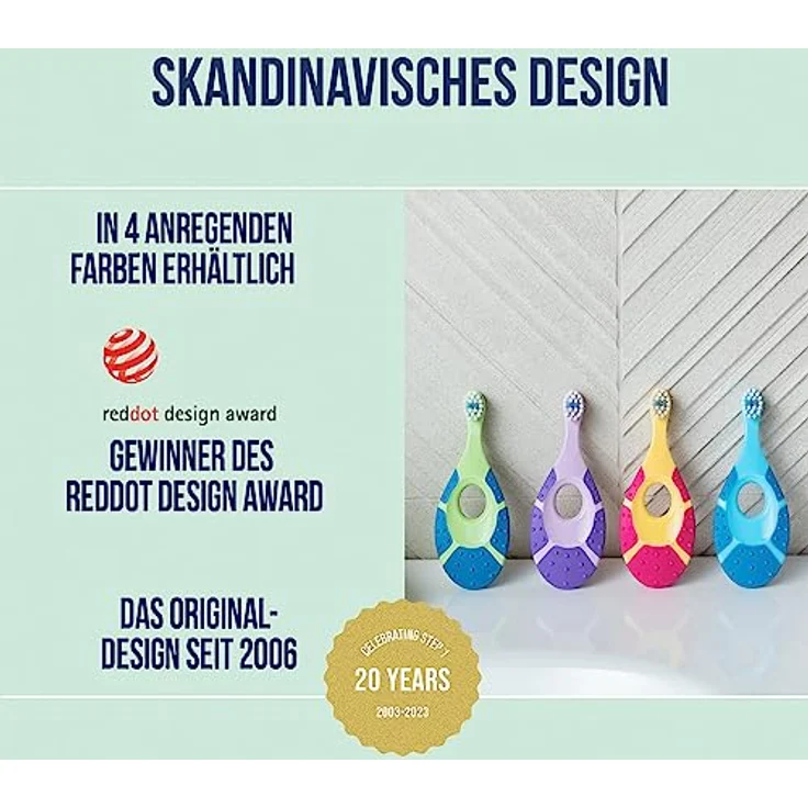 Jordan ® Step 1 Baby Zahnbürste, Original Kleinkindzahnbürste mit extra weichen Borsten, sanftem Beißring und Easy Grip, für Babys 0-2 Jahre, Rosa und Lila, 2-pack – Bild 5