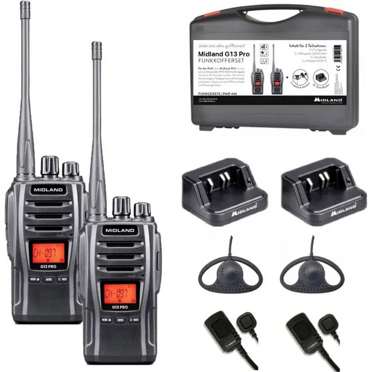 Midland G13 Pro PMR446+LPD Walkie Talkie, 2er Koffer-Set mit 85 Kanälen und bis zu 12 km Reichweite, wasserdicht IPX4, Akkulaufzeit bis zu 40 Stunden
