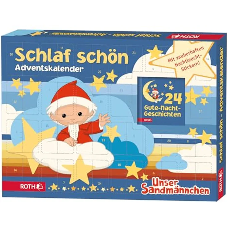 ROTH Schlaf schön Adventskalender - Sandmann, mit im Dunkeln leuchtenden Aufklebern und Gute-Nacht-Geschichten